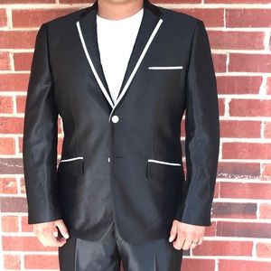 Shiny Black Slim Fit Suit w White trim and buttons